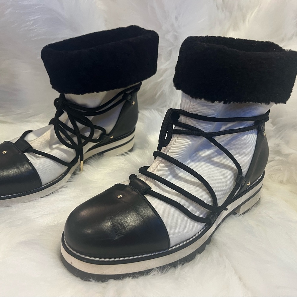 Jimmy Choo White/Black Canvas and Leather Ankle Boots Size 38.5